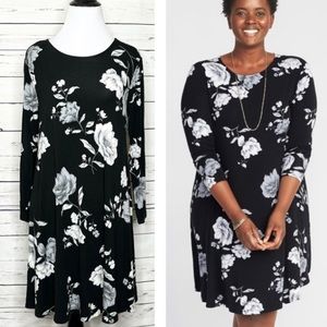 Black & Gray Floral Long Sleeve Casual Shift Dress Size Medium Petite